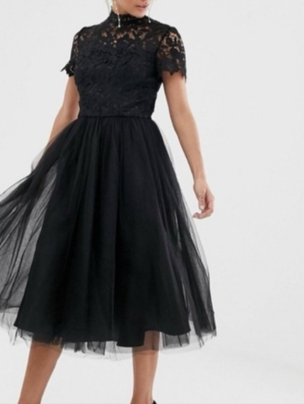NWT Chi Chi London High Neck Lace Midi Dress w/ Tulle Skirt in Black US 6 UK 10